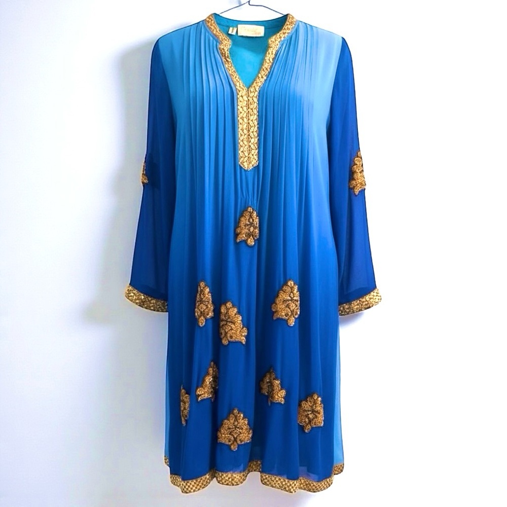 Royal Blue Silk Chiffon Kaftan Dress Gold Embroidered Size 4 Resort
